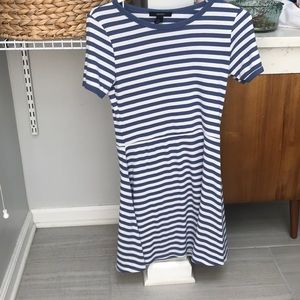 Blue and white striped fit and flare dress.